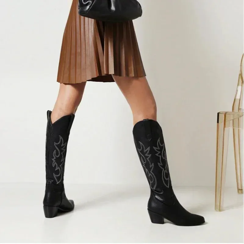 Pointed Toe Knight Boots for Women Brown PU Leather Knee High Boots Woman  Autumn Winter Western Cowboy Long