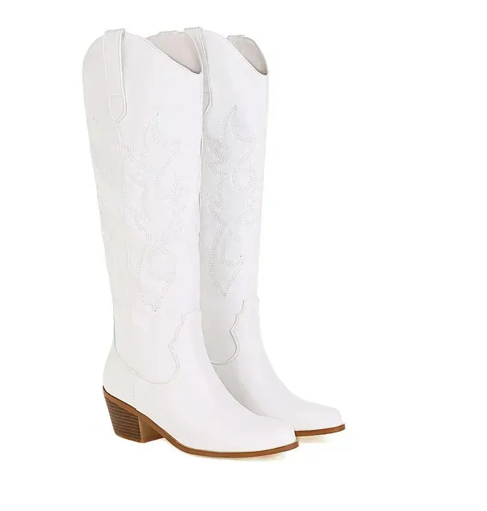 Pointed Toe Knight Boots for Women Brown PU Leather Knee High Boots Woman  Autumn Winter Western Cowboy Long