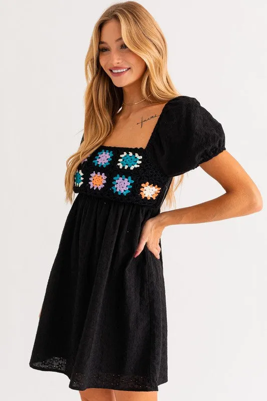 Puff Sleeve Crochet Top Babydoll Dress