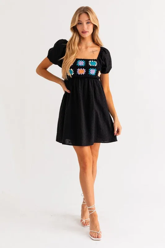 Puff Sleeve Crochet Top Babydoll Dress