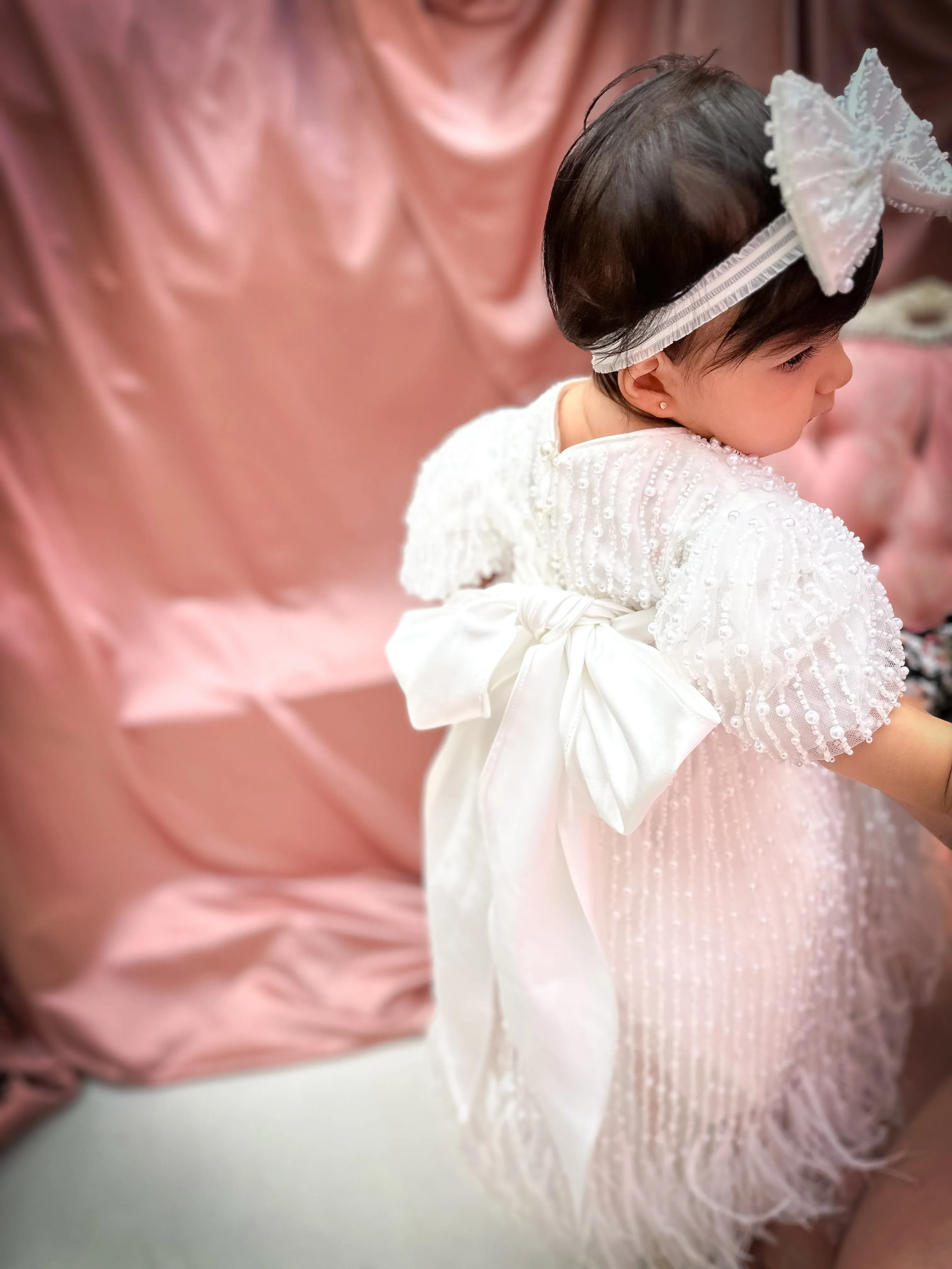 "Anja" Girl's Pearl Christening Dress with Feathers
