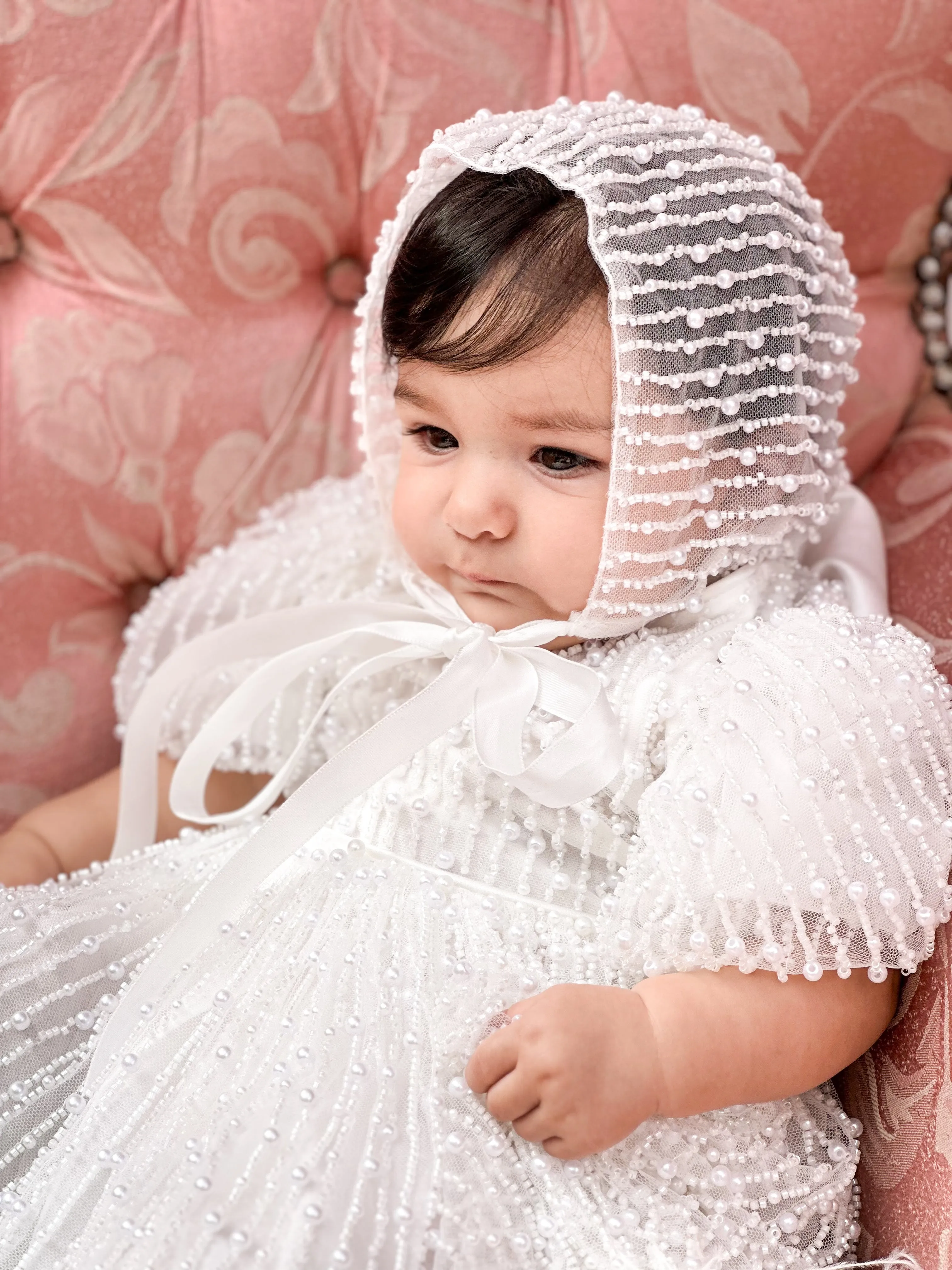 "Anja" Girl's Pearl Christening Dress with Feathers