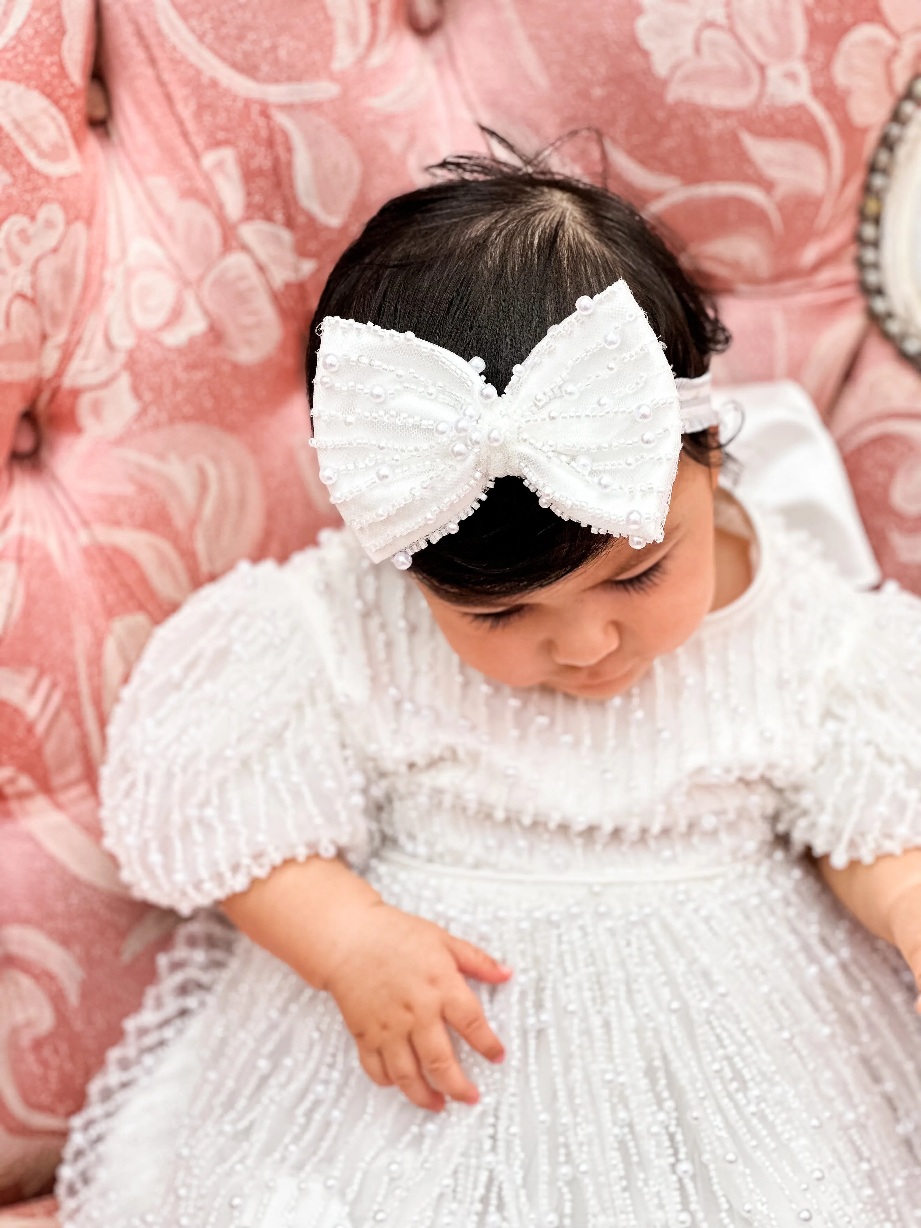 "Anja" Girl's Pearl Christening Dress with Feathers