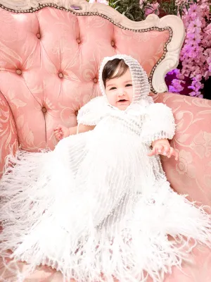 "Anja" Girl's Pearl Christening Dress with Feathers