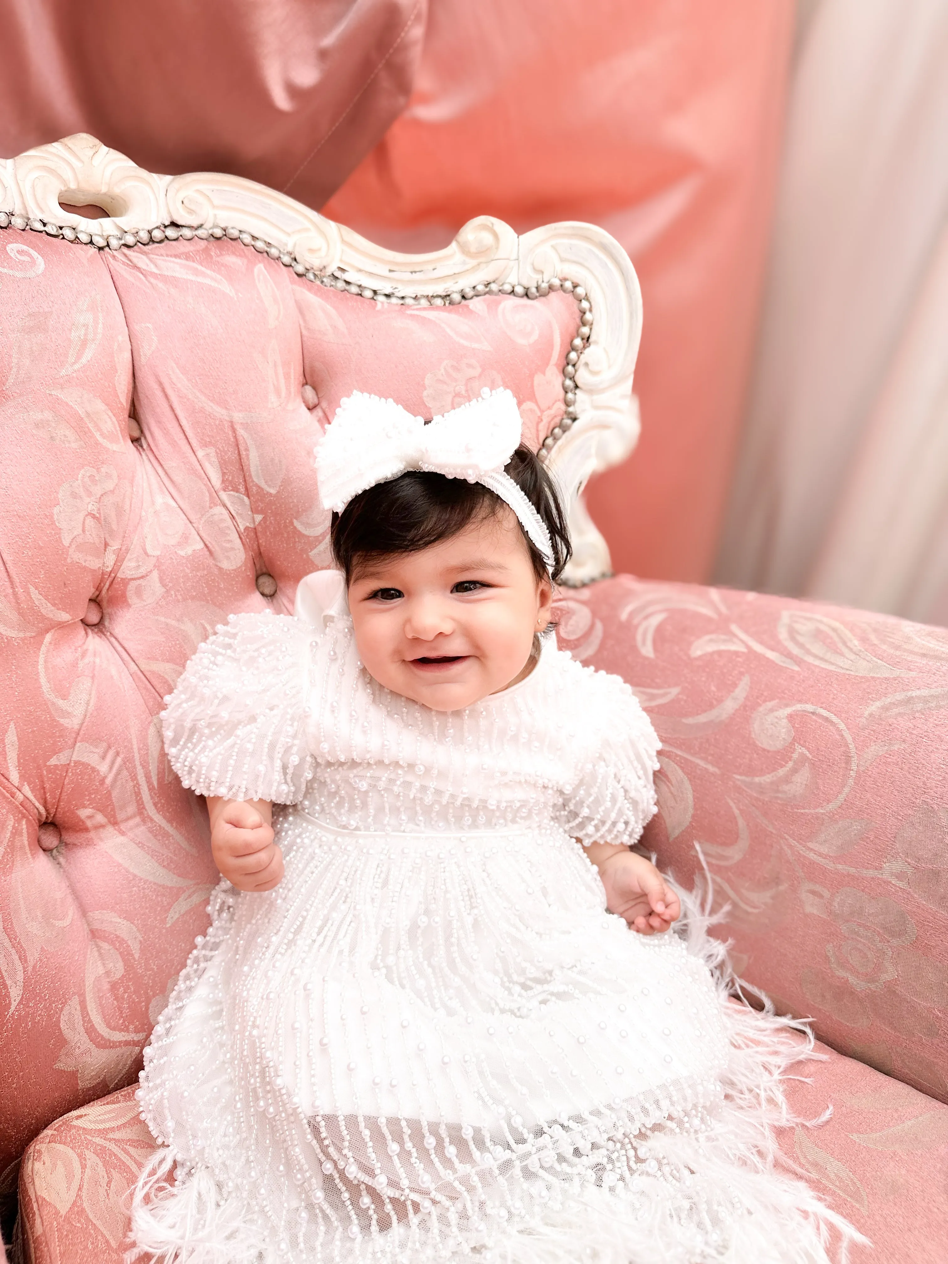 "Anja" Girl's Pearl Christening Dress with Feathers