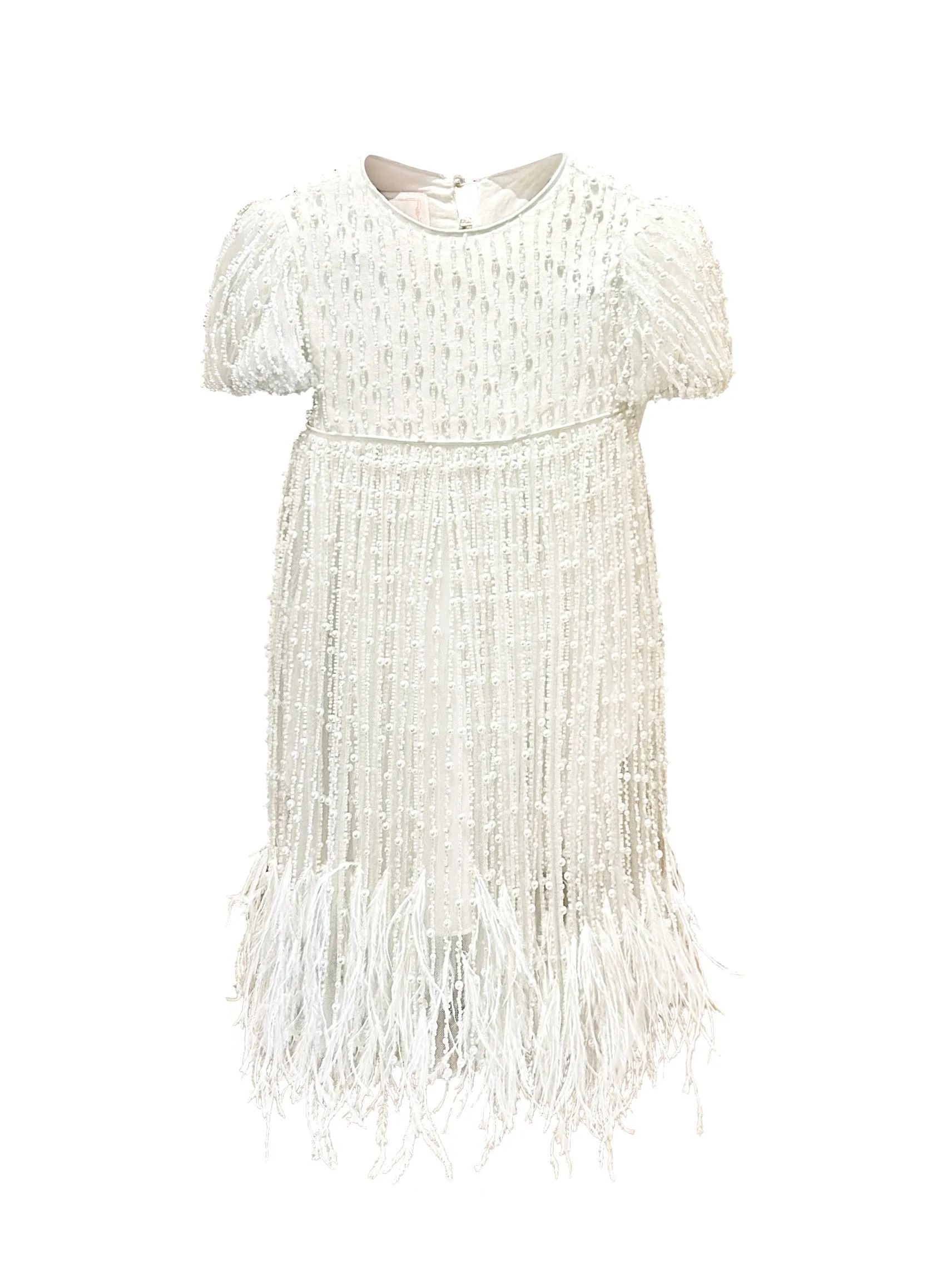 "Anja" Girl's Pearl Christening Dress with Feathers
