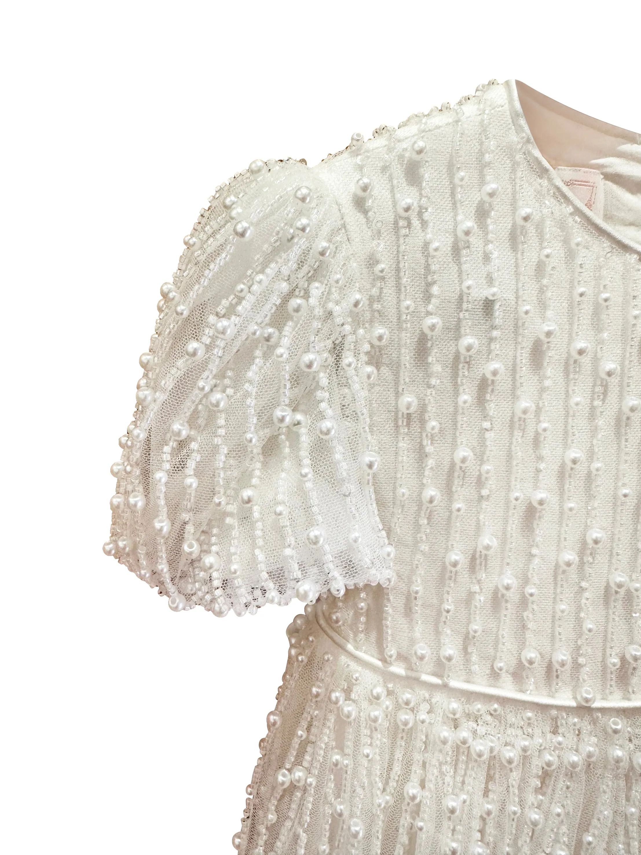 "Anja" Girl's Pearl Christening Dress with Feathers