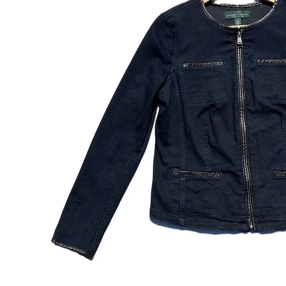 Ralph Lauren LRL Full Zip Denim Jacket Dark Wash Blue Faux Leather Trim Size 8