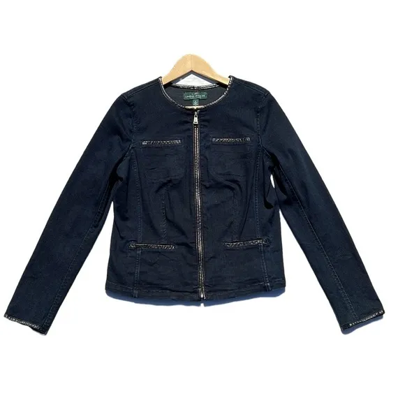 Ralph Lauren LRL Full Zip Denim Jacket Dark Wash Blue Faux Leather Trim Size 8