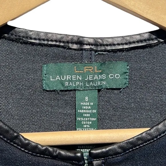 Ralph Lauren LRL Full Zip Denim Jacket Dark Wash Blue Faux Leather Trim Size 8