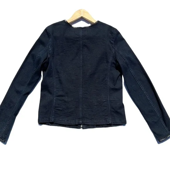 Ralph Lauren LRL Full Zip Denim Jacket Dark Wash Blue Faux Leather Trim Size 8