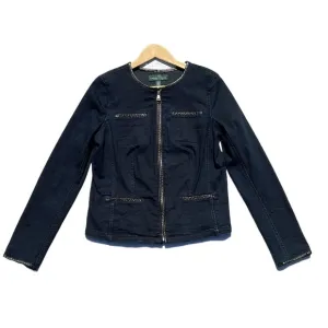 Ralph Lauren LRL Full Zip Denim Jacket Dark Wash Blue Faux Leather Trim Size 8