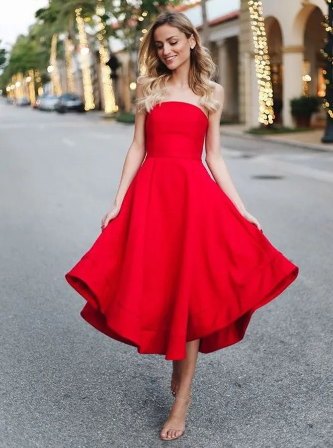 Red Stain Strapless Pleated Homecoming Dresses Prom Dress