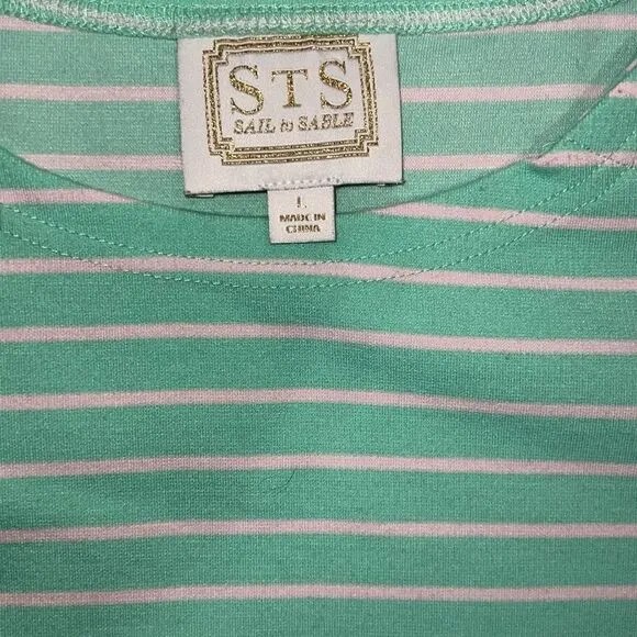 Sail to Sable Mint Green White Stripes Long Sleeve Dress sz L Large Coastal READ