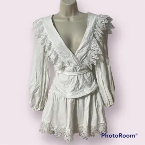 Saints and Secrets White Cotton Mini Dress Lace Edges Size Small