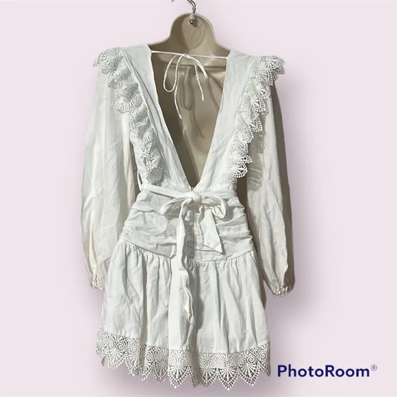 Saints and Secrets White Cotton Mini Dress Lace Edges Size Small