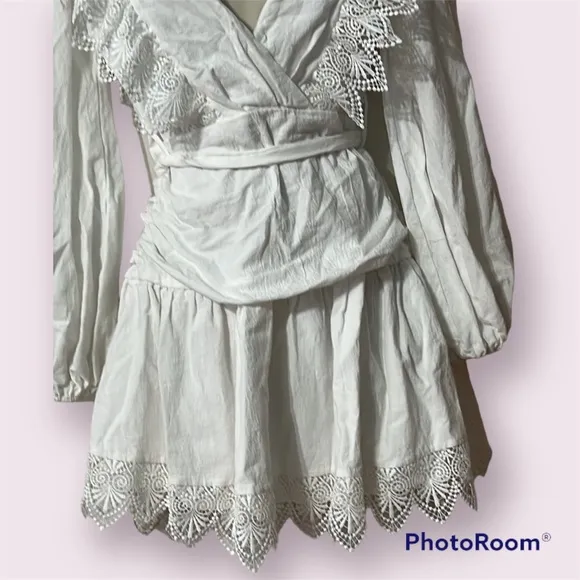 Saints and Secrets White Cotton Mini Dress Lace Edges Size Small