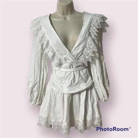 Saints and Secrets White Cotton Mini Dress Lace Edges Size Small