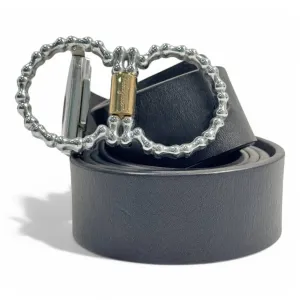 Salvatore Ferragamo Black Leather Belt with Textured Silver Gancini Buckle