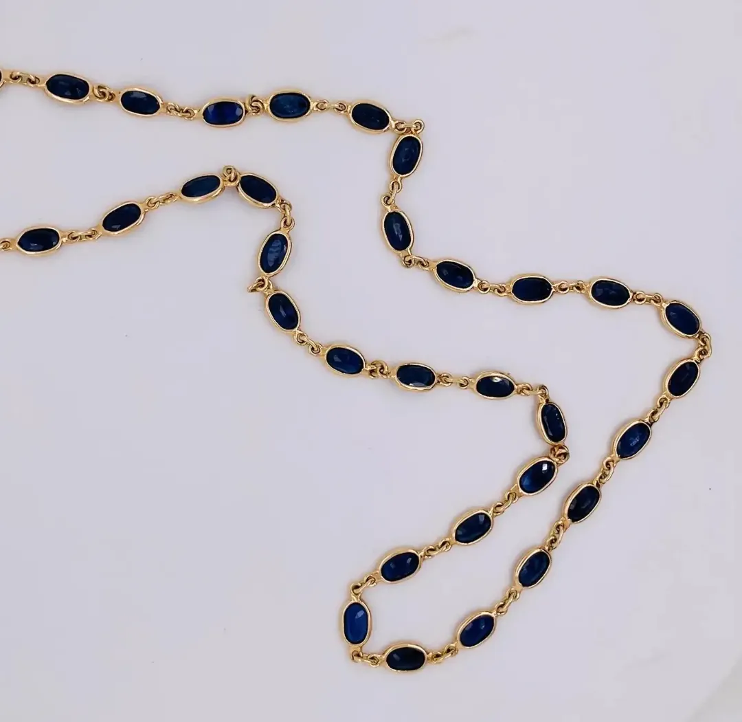 Sapphire Eternity Bezel Link Chain 14 Carats in 14K Gold 20 inch Layering Necklace