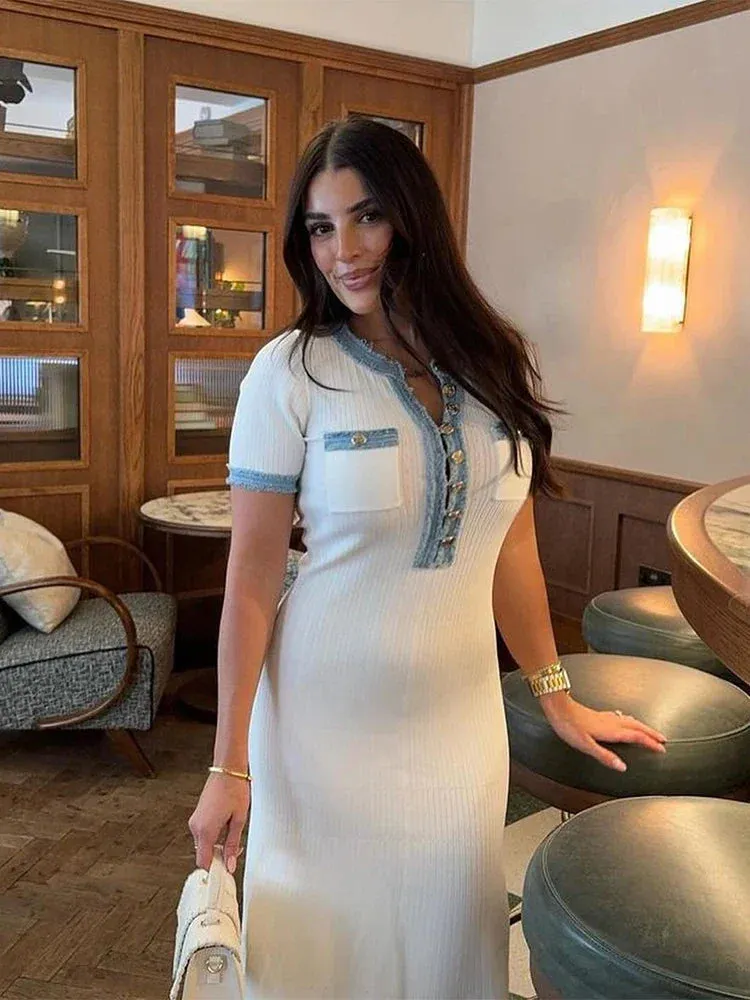 Senna Elegant Metal Single Breasted Knitted - Midi Dress