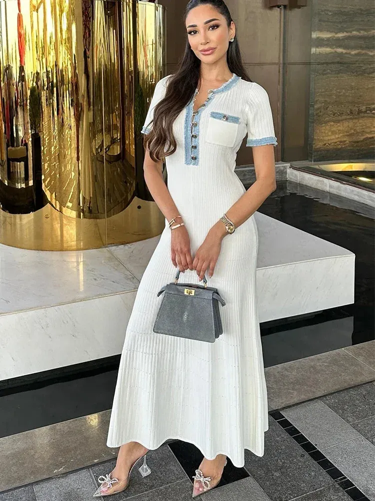 Senna Elegant Metal Single Breasted Knitted - Midi Dress