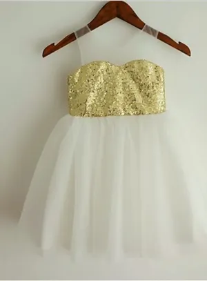Sequin Tulle Princess Scoop Sleeveless Flower Girl Dresses Tea Length Dress