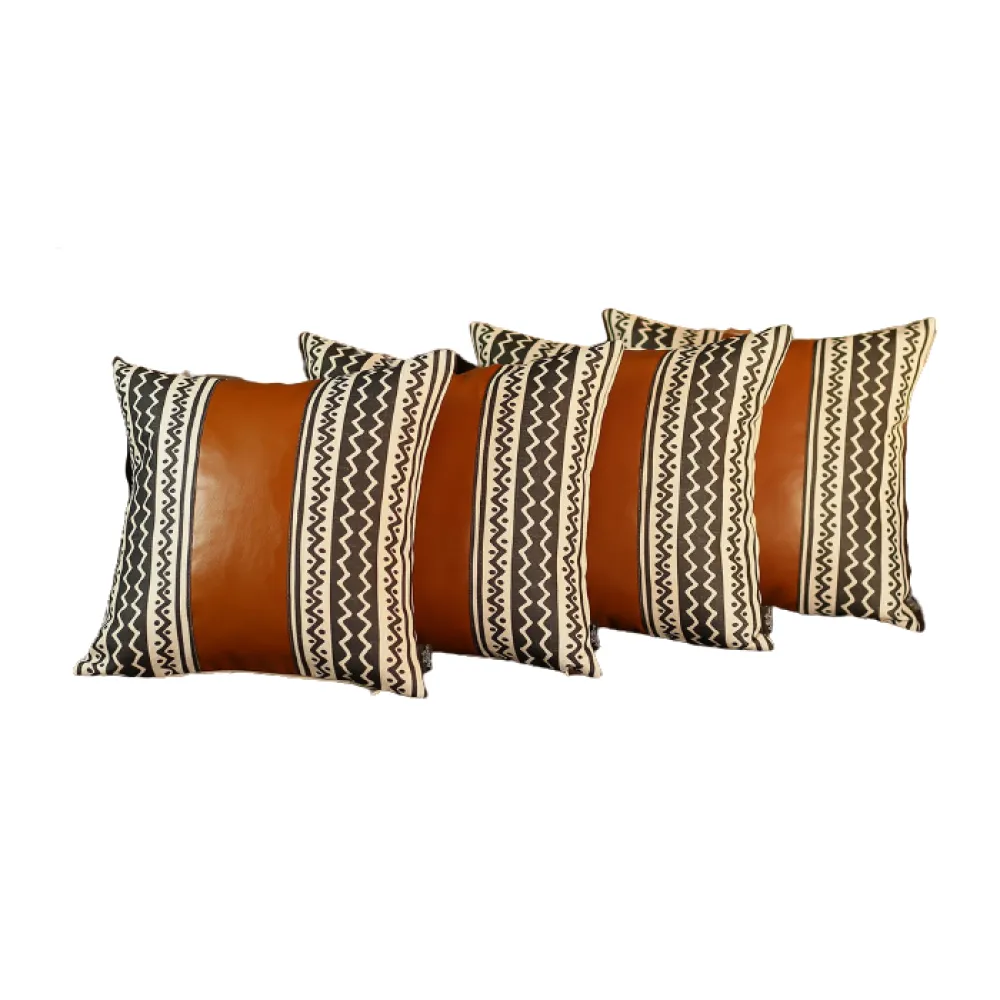 Set of 4 Black and White Zig Zag with Faux Leather Pillow Covers