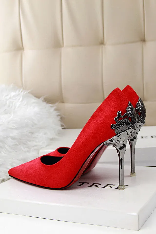 Sexy Mental Heel Women Shoes Suede leather High Heels Women Pumps Flower Metal Heel Stiletto 9 colors