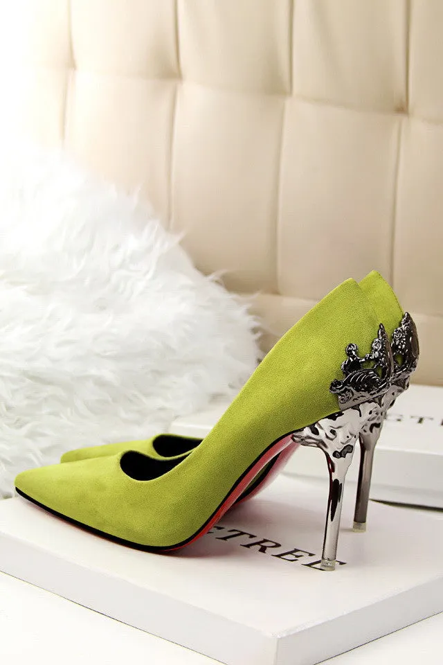 Sexy Mental Heel Women Shoes Suede leather High Heels Women Pumps Flower Metal Heel Stiletto 9 colors