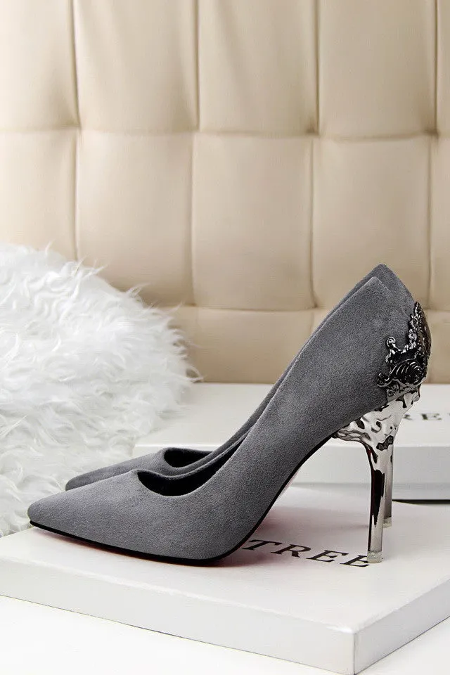Sexy Mental Heel Women Shoes Suede leather High Heels Women Pumps Flower Metal Heel Stiletto 9 colors