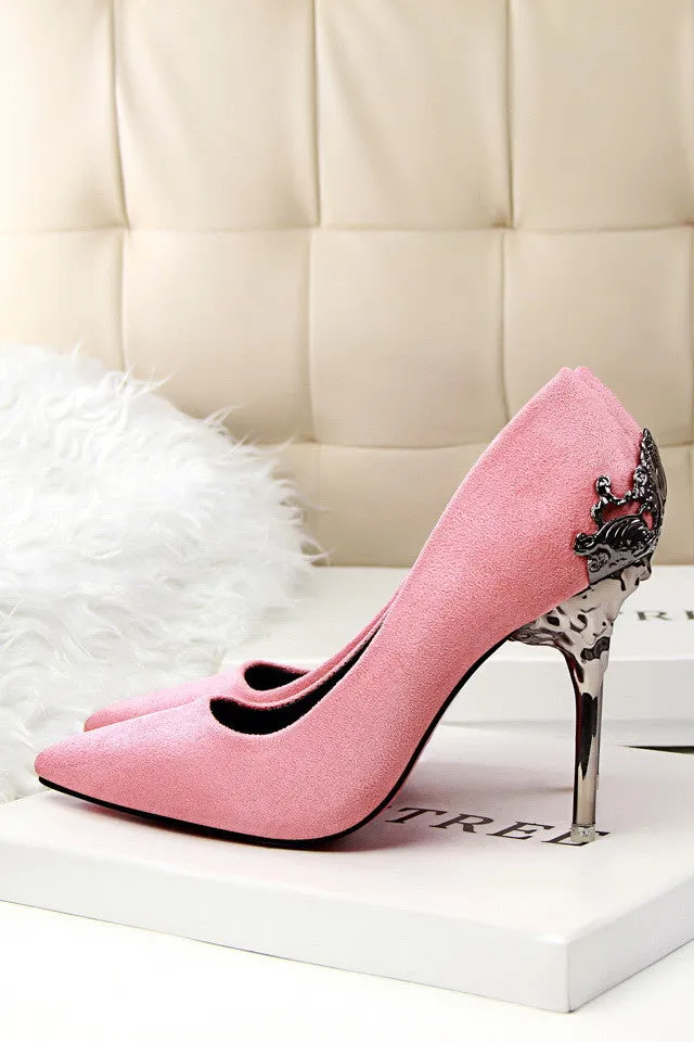 Sexy Mental Heel Women Shoes Suede leather High Heels Women Pumps Flower Metal Heel Stiletto 9 colors