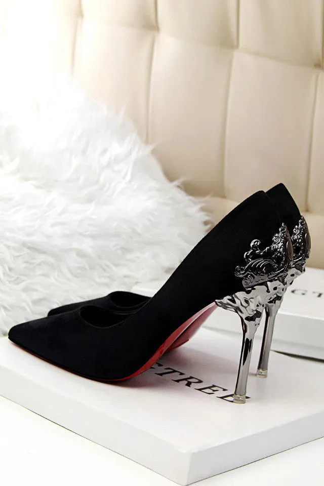 Sexy Mental Heel Women Shoes Suede leather High Heels Women Pumps Flower Metal Heel Stiletto 9 colors