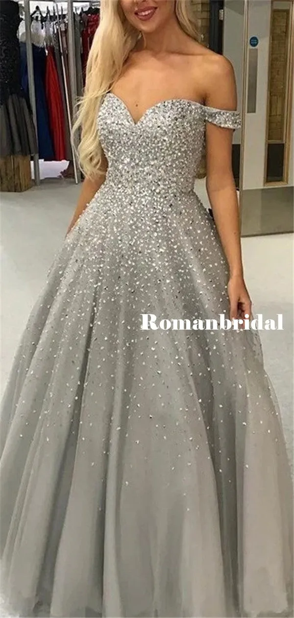 Shiny A-line Off-shoulder Sliver Beading Long Tulle Prom Dresses, PD0842