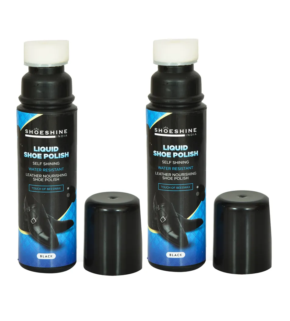 SHOESHINE Liquid shoe polish - Black (Pack of 2)- sponge top for leather boots, formal and dress shoes