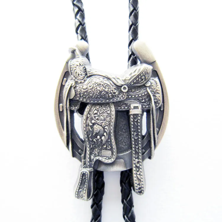 Silver Plated Western Saddle Horseshoe Cowboy Boots Bolo Tie BT006SL