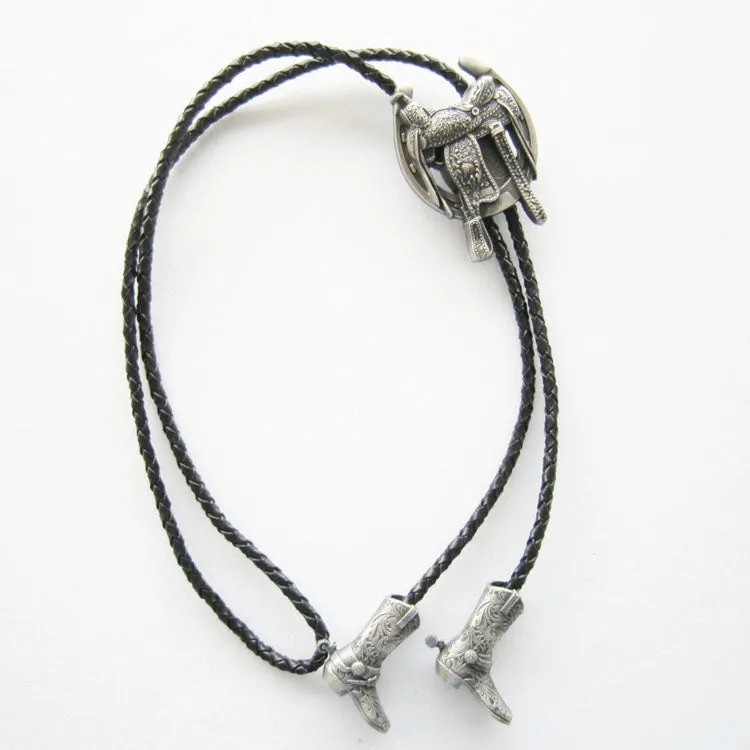 Silver Plated Western Saddle Horseshoe Cowboy Boots Bolo Tie BT006SL