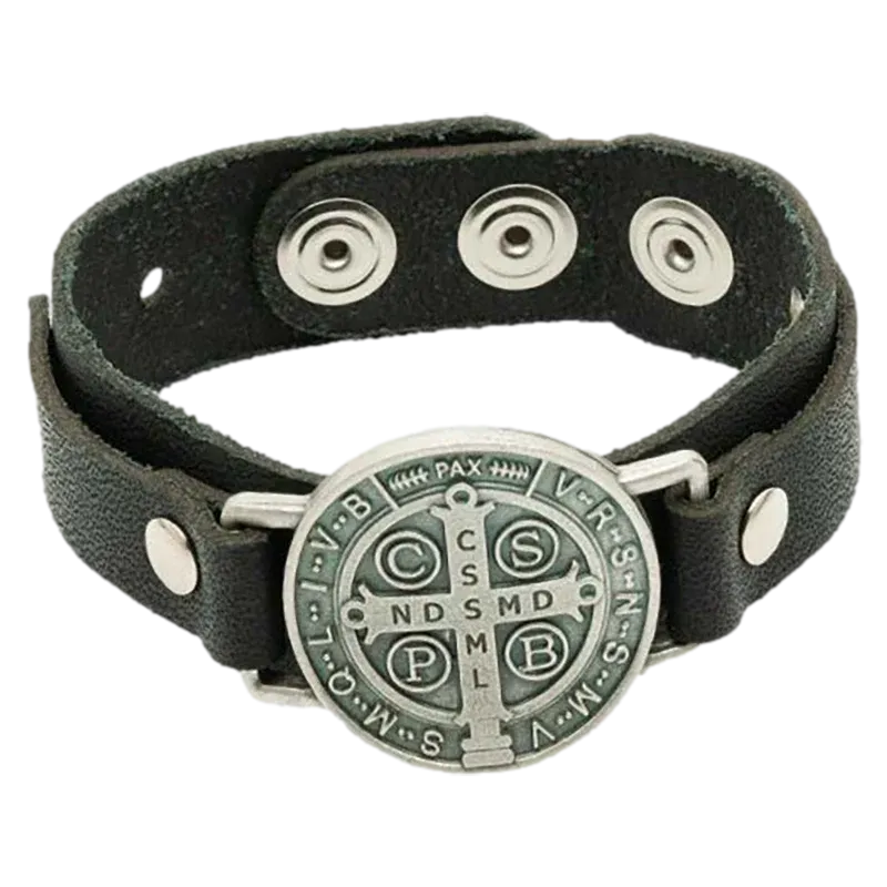 St. Benedict Black Leather Bracelet