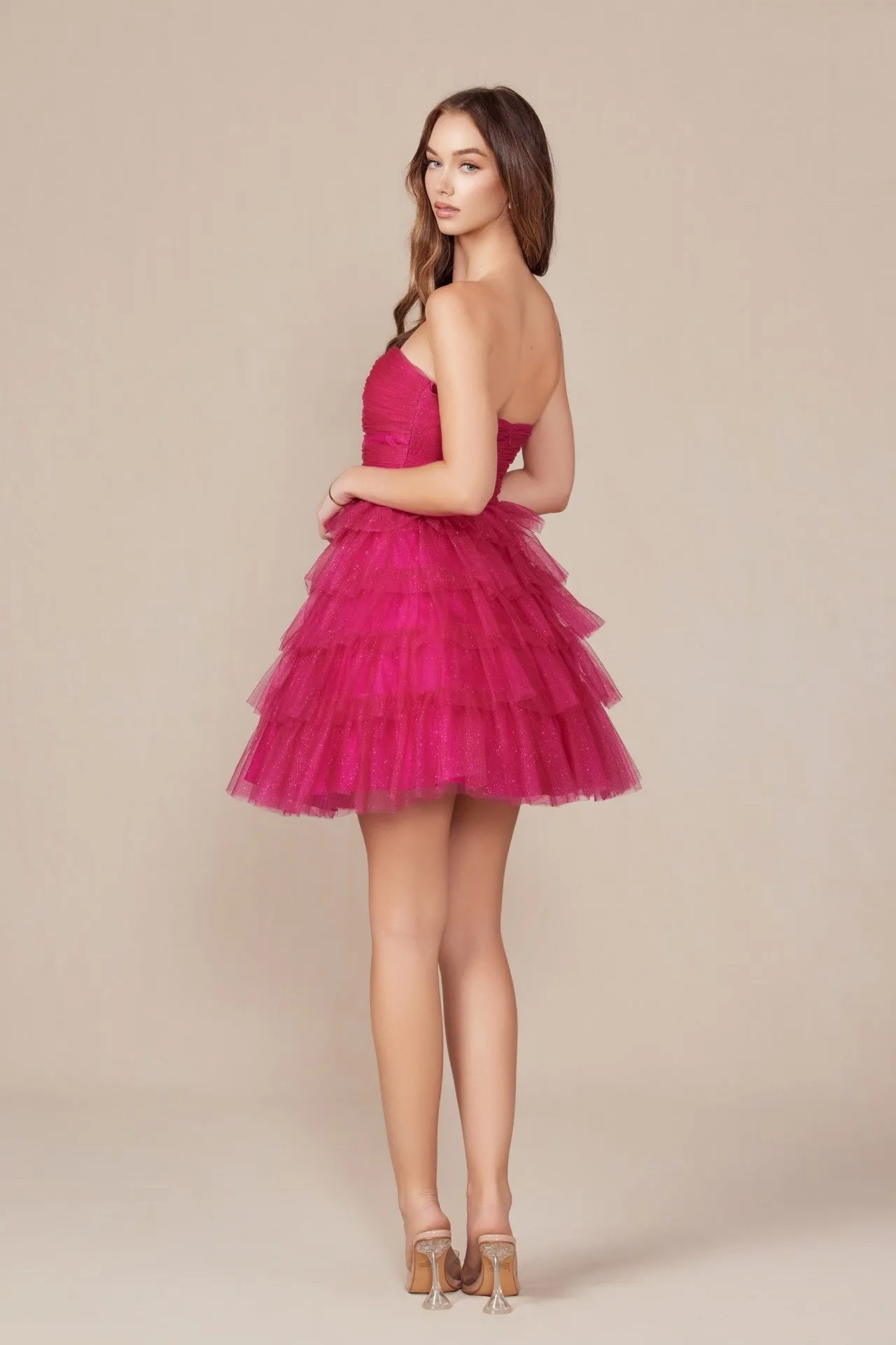 Strapless Ruffled Shimmer Tulle Short Dress