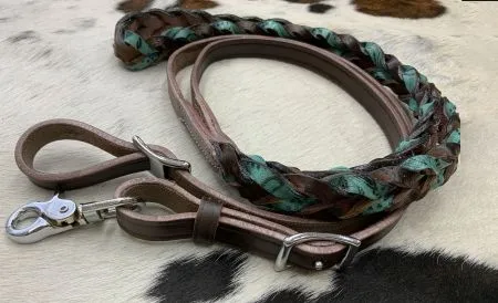 Teal Miracle Braid leather contest/roping rein with buckles