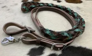 Teal Miracle Braid leather contest/roping rein with buckles