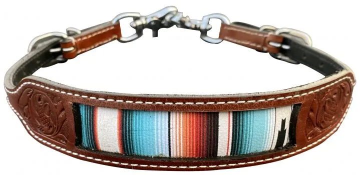 Teal Serape print leather wither strap with floral tooling