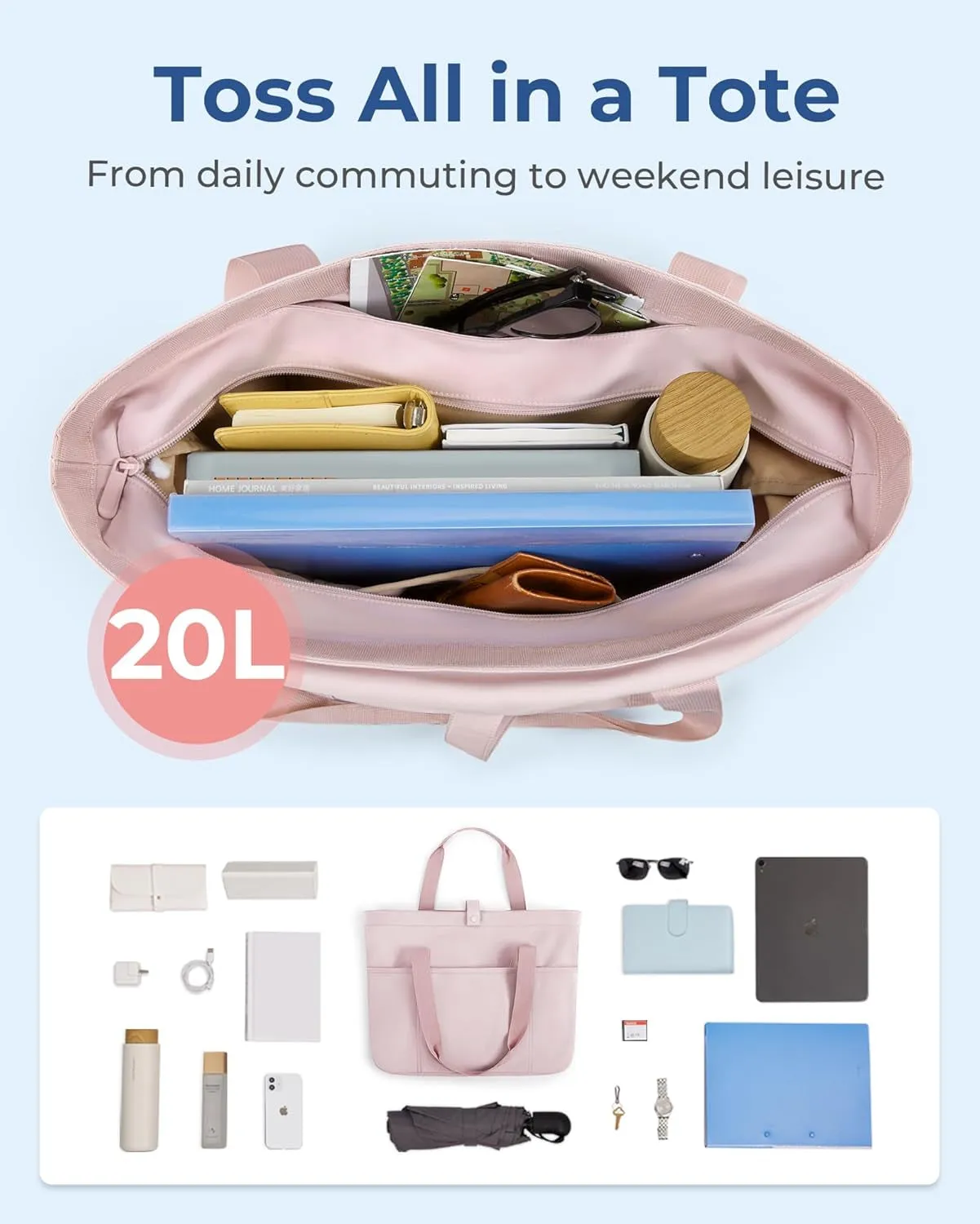 Tote Bag for Women, Foldable Tote Bag with Zipper Large Shoulder Bag Top Handle Handbag for Travel, Work