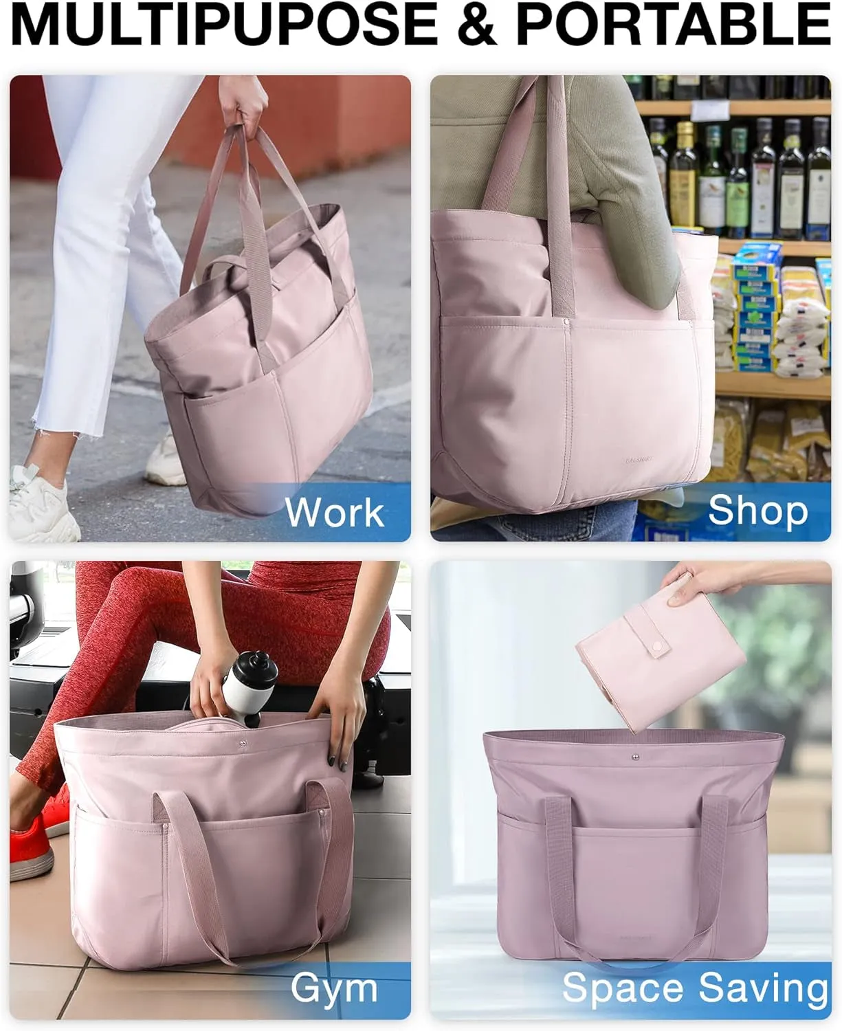Tote Bag for Women, Foldable Tote Bag with Zipper Large Shoulder Bag Top Handle Handbag for Travel, Work