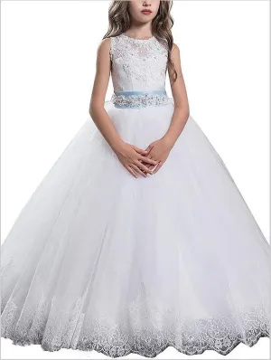 Tulle Scoop Sleeveless Flower Girl Dresses Floor Length Ball Gown With Applique
