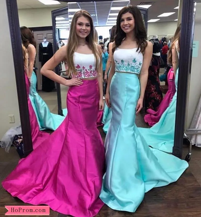 Two Piece Blue Floral Appliques Mermaid Prom Dress