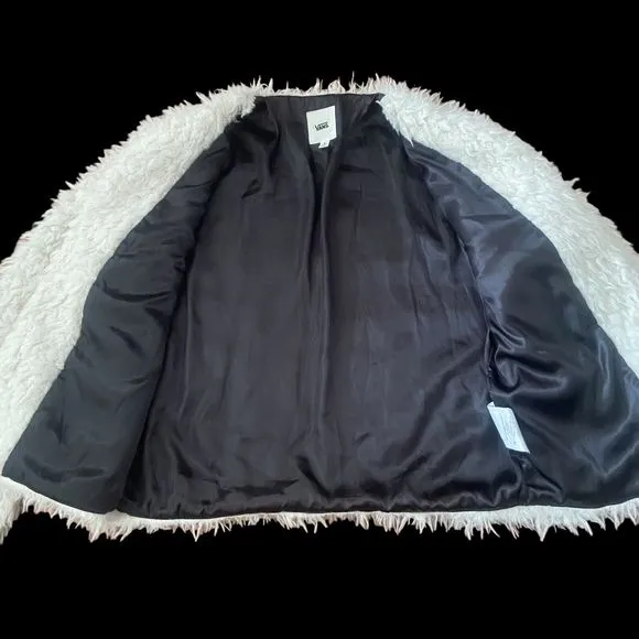 VANS Faux Fur Jacket Coat Women Size S Small White Lined Hook &amp; Loop Closure