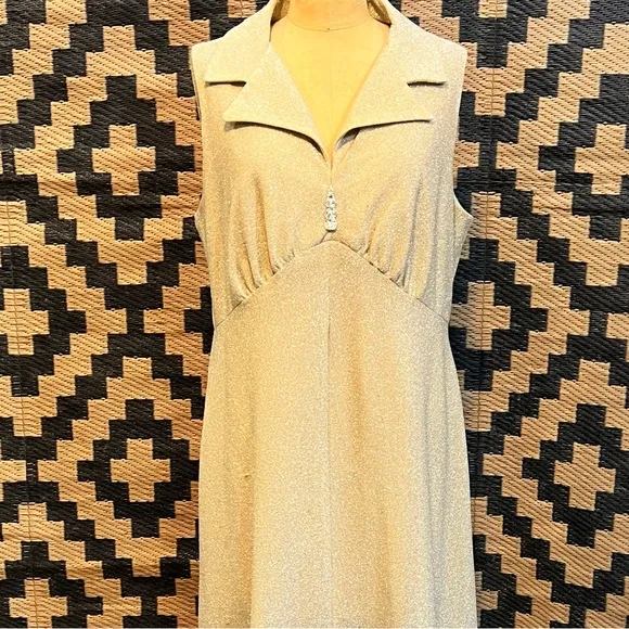 VINTAGE 60s 70s MOD gold metallic formal‎ evening gown cocktail dress long maxi