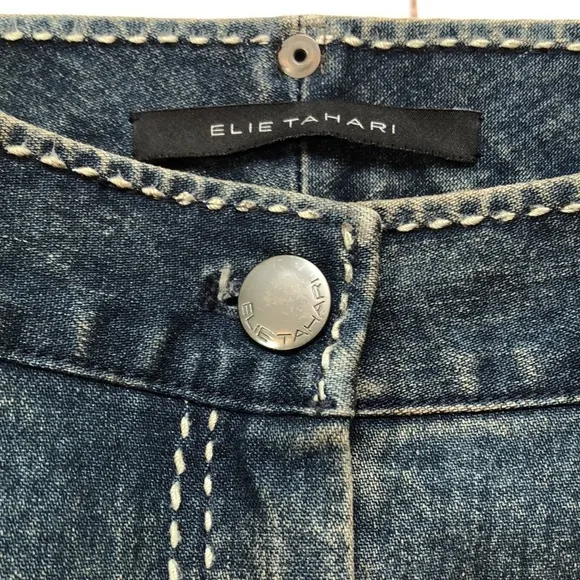 Vintage Elie Tahari Flared Denim Blue Jeans Faux Leather Trim Women’s 6 EUC