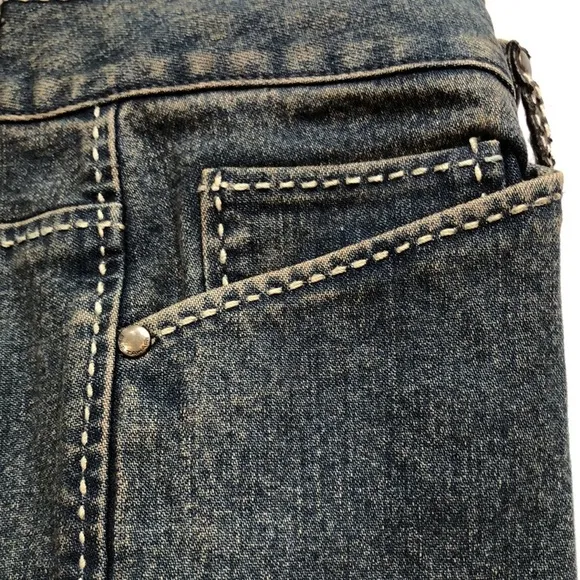 Vintage Elie Tahari Flared Denim Blue Jeans Faux Leather Trim Women’s 6 EUC